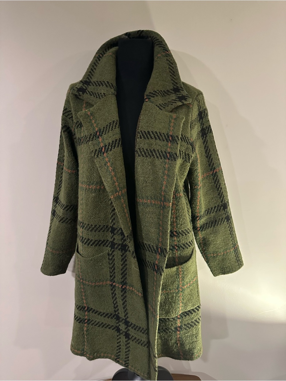 Women’s Olive Green Plaid Long Sweater Knit Coat